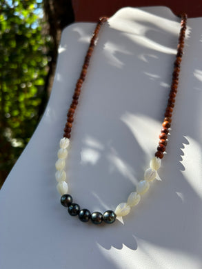 Tahitian Pearl with Mother of Pearl Pikake and Sandalwood Necklace